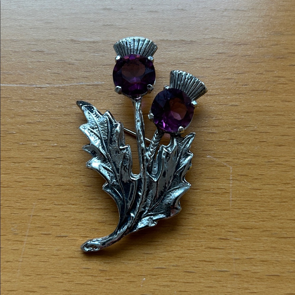 Vintage Silvertone and Purple Thistle Brooch